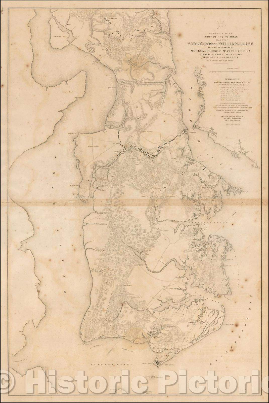 Historic Map - Campaign Maps Army of the Potomac Map No. 1 York Town to Williamsburg Prepared, 1862, - Vintage Wall Art
