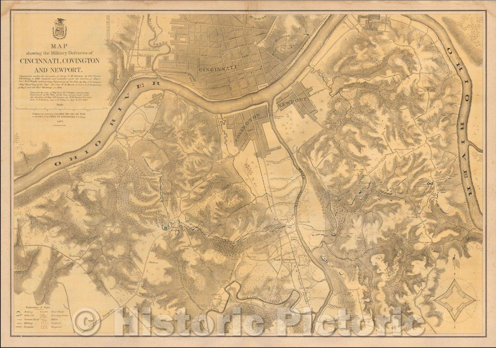 Historic Map - Map showing the military defences of Cincinnati, Covington and Newport, 1877, U.S. Army Corps of Engineers - Vintage Wall Art