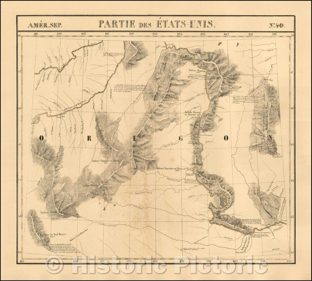 Historic Map - Amer. Sep. No. 40. Partie De Etats Unis Montana, Wyoming, Dakota, Upper Missouri River, 1825, Philippe Marie Vandermaelen - Vintage Wall Art