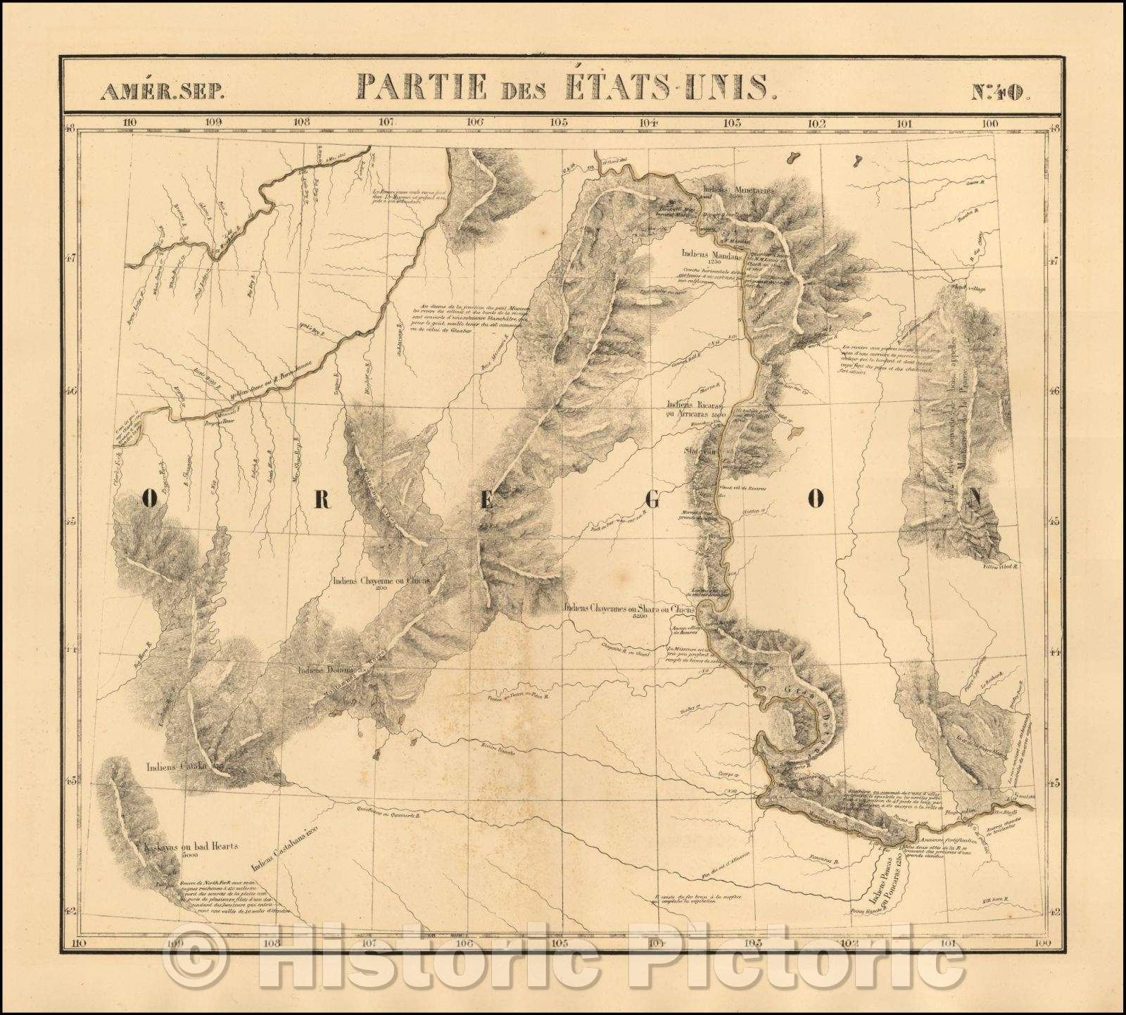 Historic Map - Amer. Sep. No. 40. Partie De Etats Unis Montana, Wyoming, Dakota, Upper Missouri River, 1825, Philippe Marie Vandermaelen - Vintage Wall Art