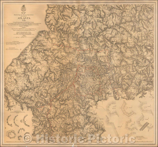Historic Map - Map Illustrating the Military Operations in Front of Atlanta, Ga. From the Passage of Peach Tree Creek, July 19th 1864, 1875 - Vintage Wall Art