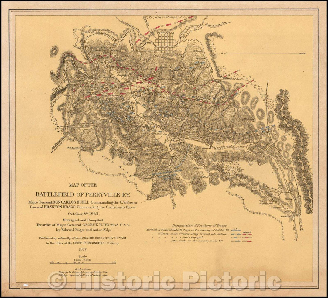 Historic Map - Map of the battlefield of Perryville, Ky, 1877, Edward Ruger - Vintage Wall Art