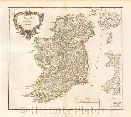 Historic Map - Royaume D'Irlande, 1780, Gilles Robert de Vaugondy - Vintage Wall Art