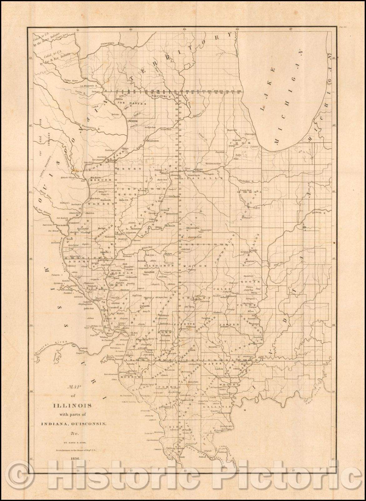 Historic Map - Map of Illinois with parts of Indiana, 1836, David Hugh Burr - Vintage Wall Art