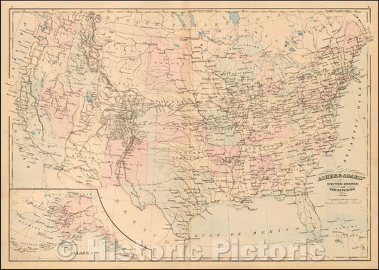 Historic Map - Asher & Adams' United States and its Territories, 1872, Asher - Vintage Wall Art