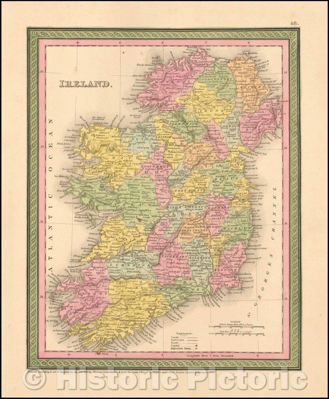 Historic Map - Ireland, 1850, Thomas, Cowperthwait & Co. - Vintage Wall Art