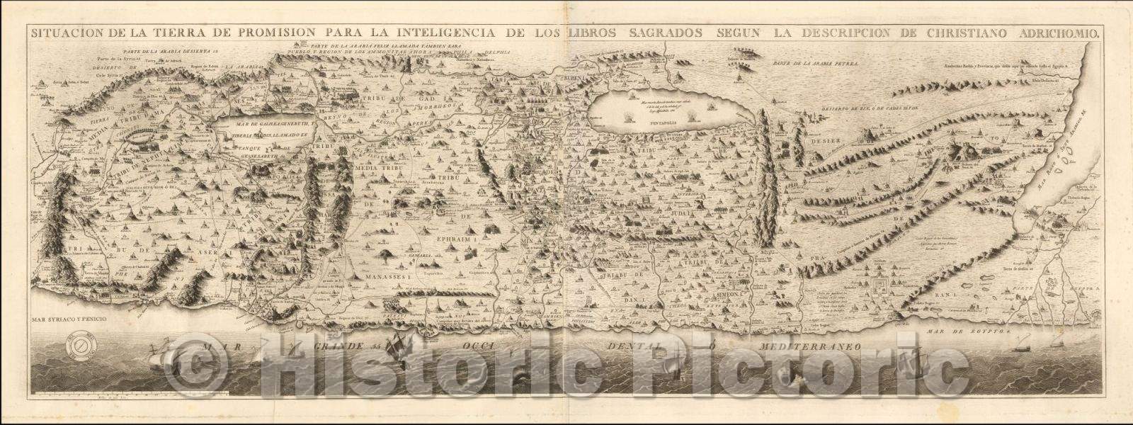 Historic Map - Situacion De La Tierra De Promision Para La Inteligencia De Los Libros/Spanish edition of Christian Van Adrichom's Map of the Holy Land, 1800 - Vintage Wall Art