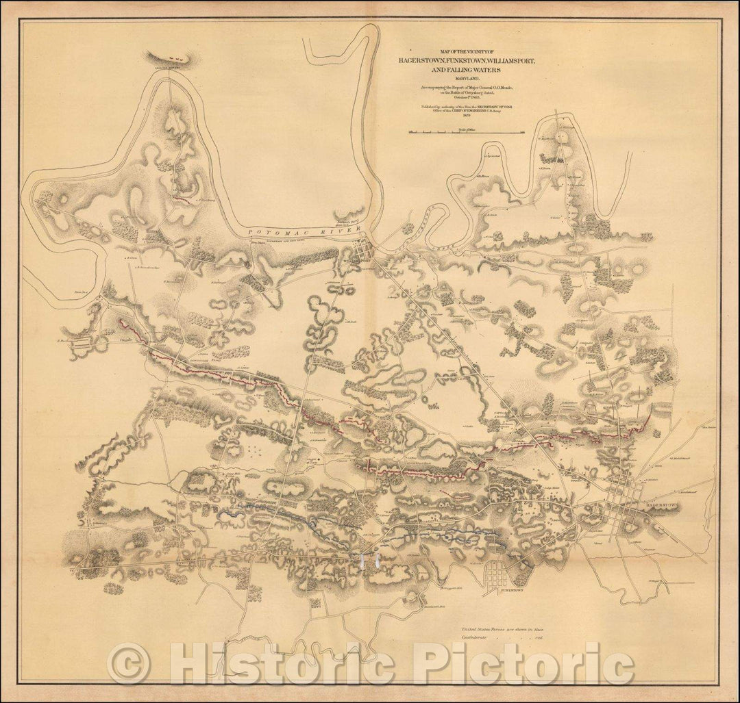 Historic Map - Map of the vicinity of Hagerstown, Funkstown, Williamsport, and Falling Waters, Maryland, 1879, U.S. Army Corps of Engineers - Vintage Wall Art