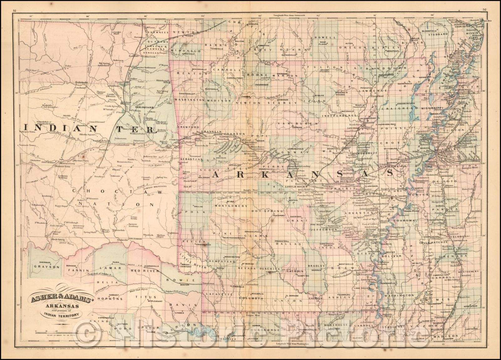 Historic Map - Asher & Adams' Arkansas and portion of Indian Territory, 1874, Asher - Vintage Wall Art