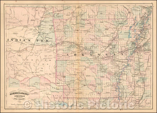Historic Map - Asher & Adams' Arkansas and portion of Indian Territory, 1874, Asher - Vintage Wall Art