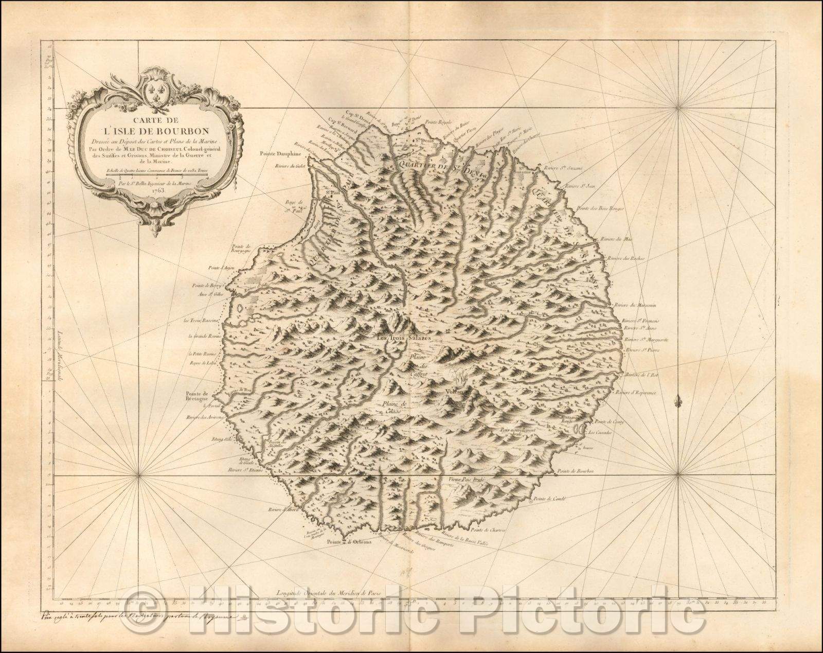 Historic Map - (Reunion Island) Carte De L'Isle De Bourbon Dressee au Depost des Cartes et Plans de la Marine Par Ordre :: Sea Chart of the Island of Bourbon, 1763 - Vintage Wall Art