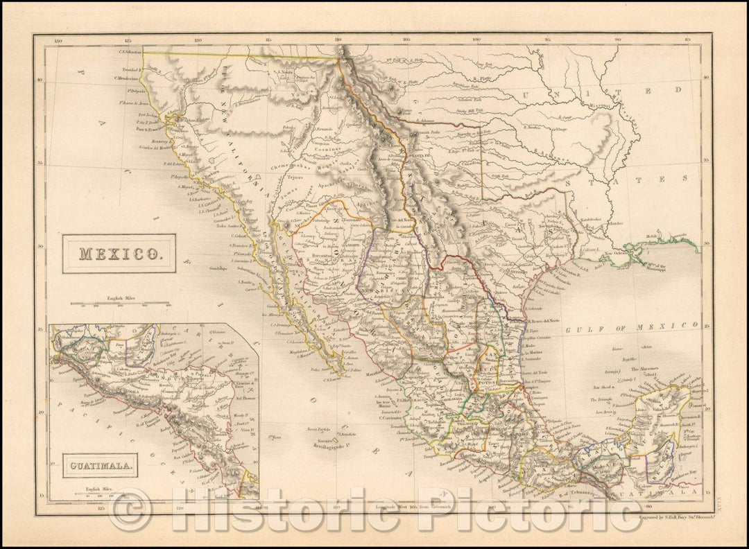 Historic Map - Mexico (with Texas and Upper California), 1845, Adam & Charles Black - Vintage Wall Art