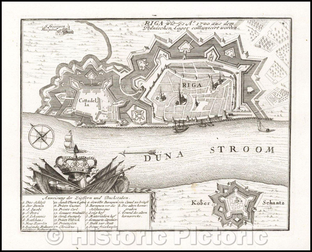 Historic Map - Riga wie es A.o 1700 aus dem Polnischen Lager comuniciert worden/Plan of the fortified town of Riga and the Duna River, 1720 - Vintage Wall Art