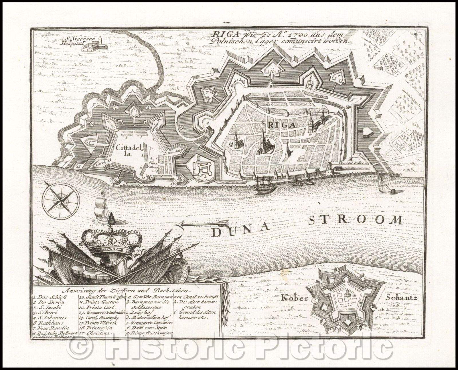 Historic Map - Riga wie es A.o 1700 aus dem Polnischen Lager comuniciert worden/Plan of the fortified town of Riga and the Duna River, 1720 - Vintage Wall Art