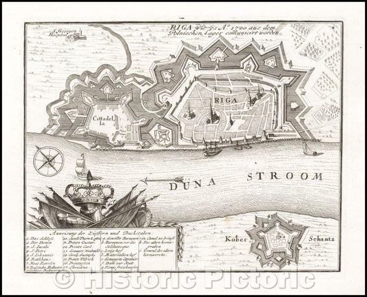 Historic Map - Riga wie es A.o 1700 aus dem Polnischen Lager comuniciert worden/Plan of the fortified town of Riga and the Duna River, 1720 - Vintage Wall Art
