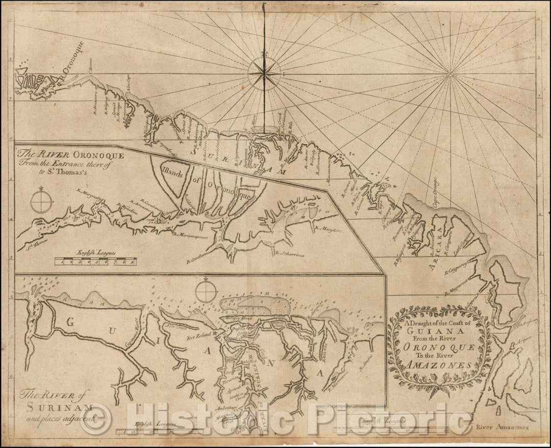 Historic Map - A Draught of the Coast of Guiana From the River Oronoque To the River Amazones, 1767, Boulter Grierson - Vintage Wall Art
