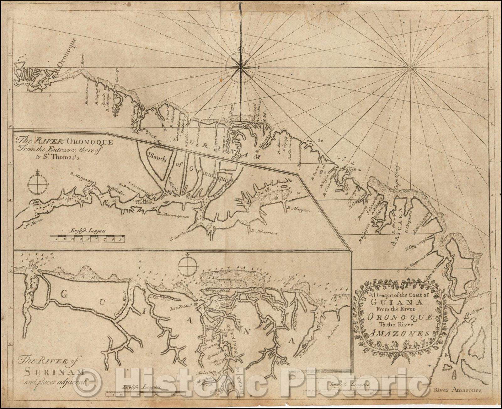 Historic Map - A Draught of the Coast of Guiana From the River Oronoque To the River Amazones, 1767, Boulter Grierson - Vintage Wall Art