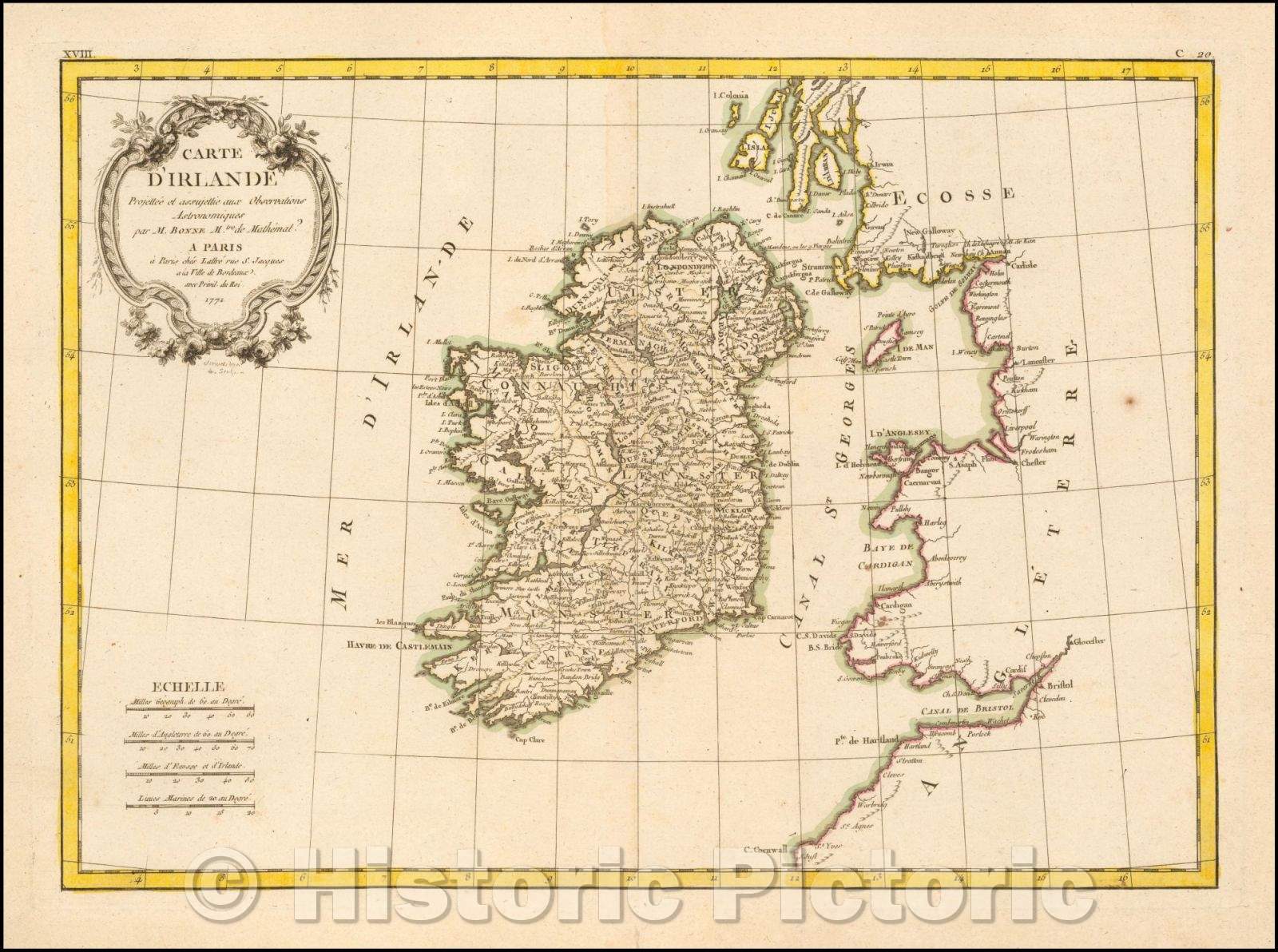 Historic Map - Carte D'Irlande, 1771, Jean Lattre - Vintage Wall Art
