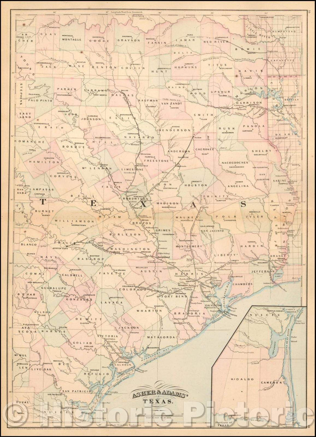 Historic Map - Asher & Adams' Texas Eastern Portion, 1872, Asher - Vintage Wall Art