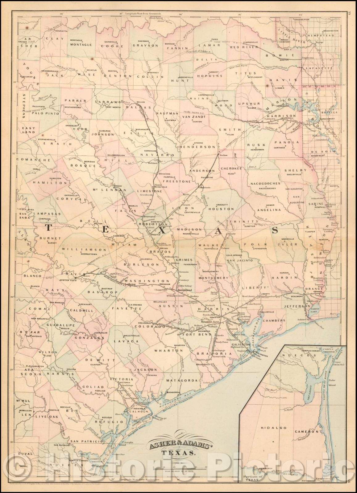 Historic Map - Asher & Adams' Texas Eastern Portion, 1872, Asher - Vintage Wall Art