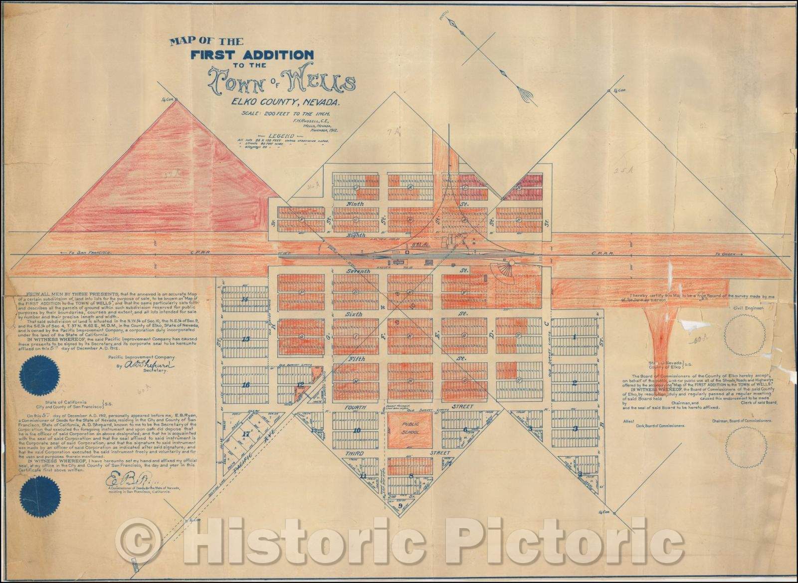 Historic Map - Map of the First Addition To The Town of Wells Elko County, Nevada, 1912, F. H. Russell - Vintage Wall Art