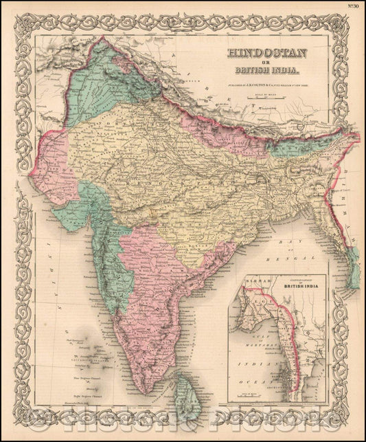 Historic Map - Hindostan or British India, 1859, Joseph Hutchins Colton - Vintage Wall Art