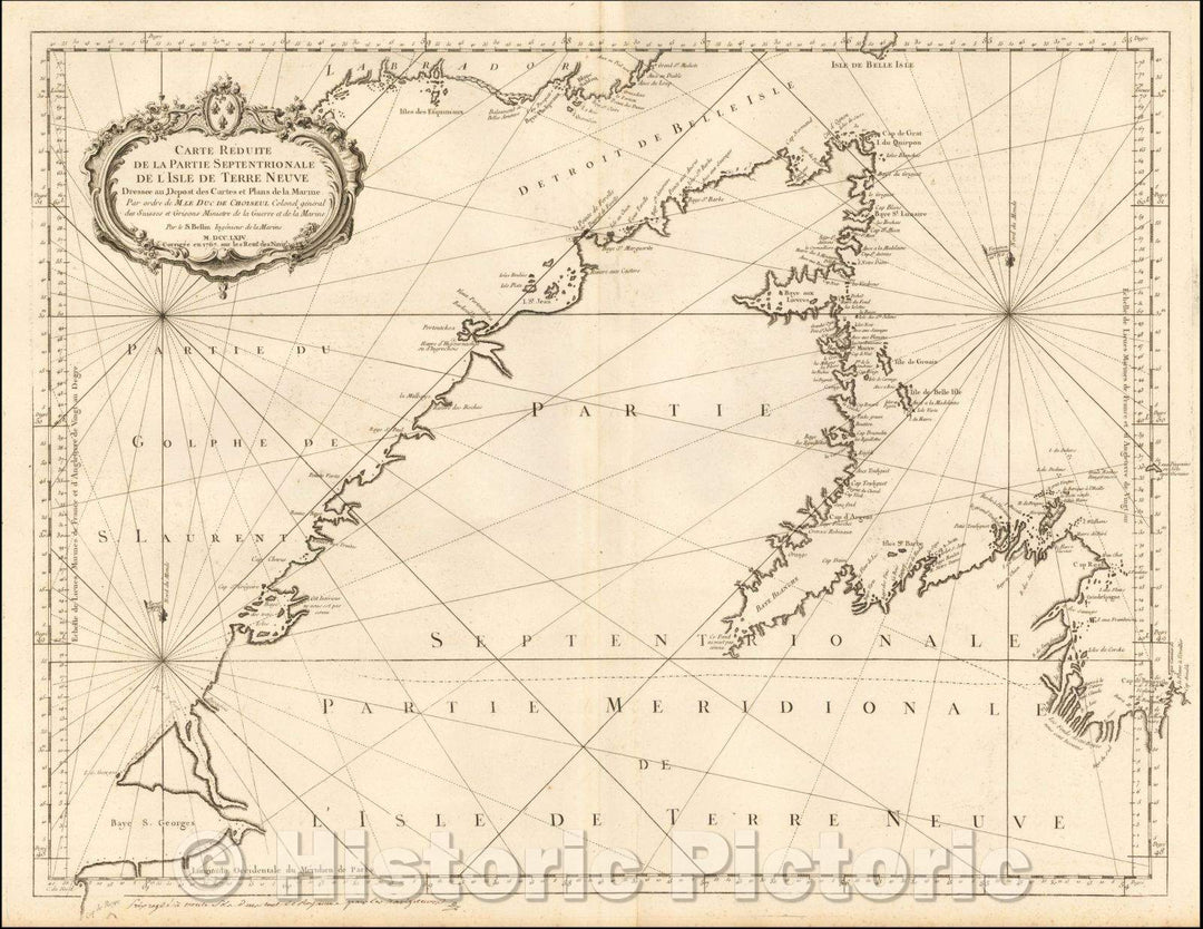 Historic Map - Carte Reduite De La Partie Septentrionale De l'Isle de Terre Neuve/Sea Chart of northern part of Newfoundland and St. Lawrence River, 1767 - Vintage Wall Art