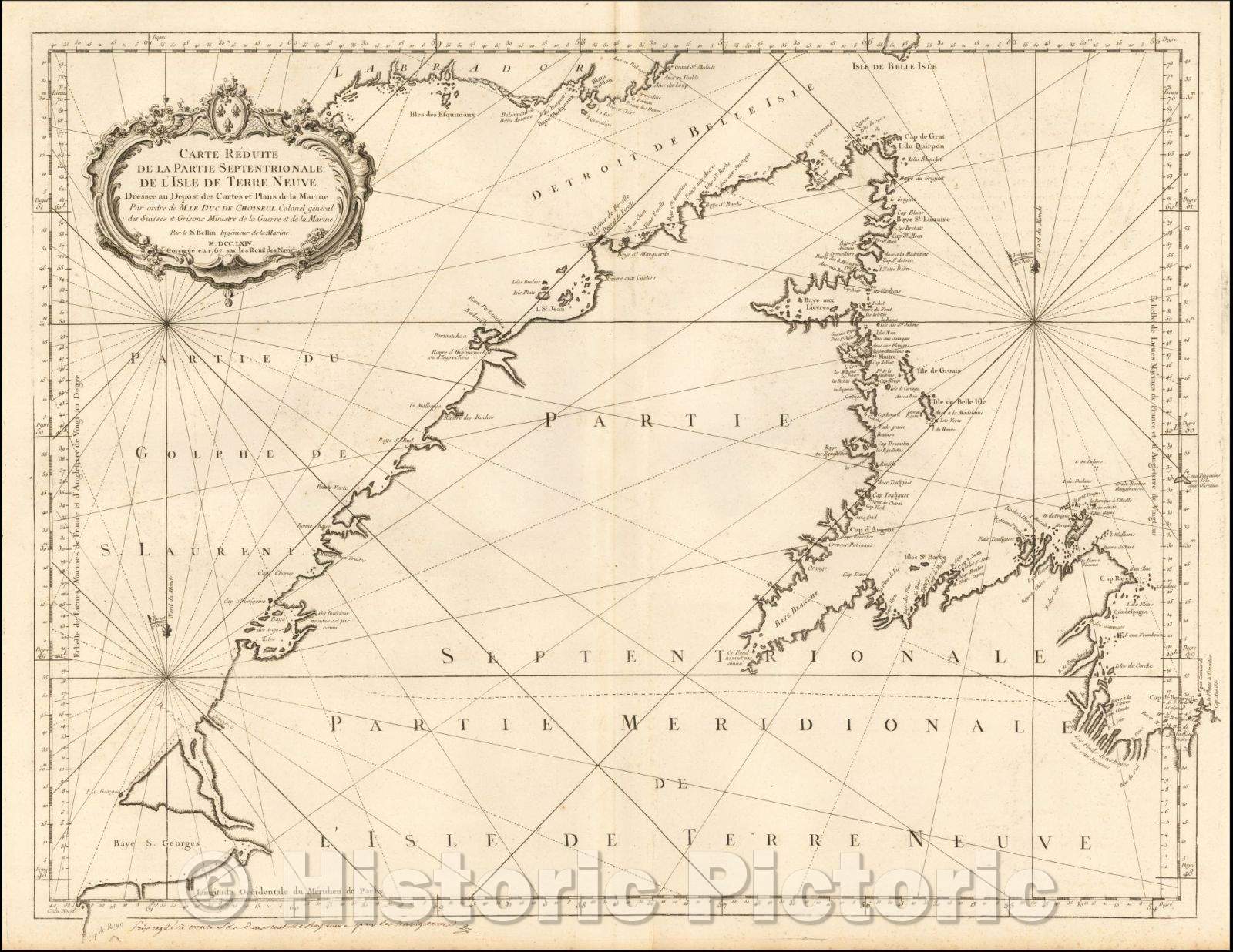 Historic Map - Carte Reduite De La Partie Septentrionale De l'Isle de Terre Neuve/Sea Chart of northern part of Newfoundland and St. Lawrence River, 1767 - Vintage Wall Art