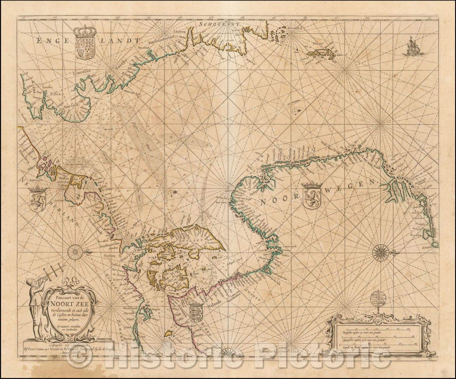 Historic Map - Pascaart van de Noort Zee Verthoonende in zich alle de Custen en havens da, 1666 v1