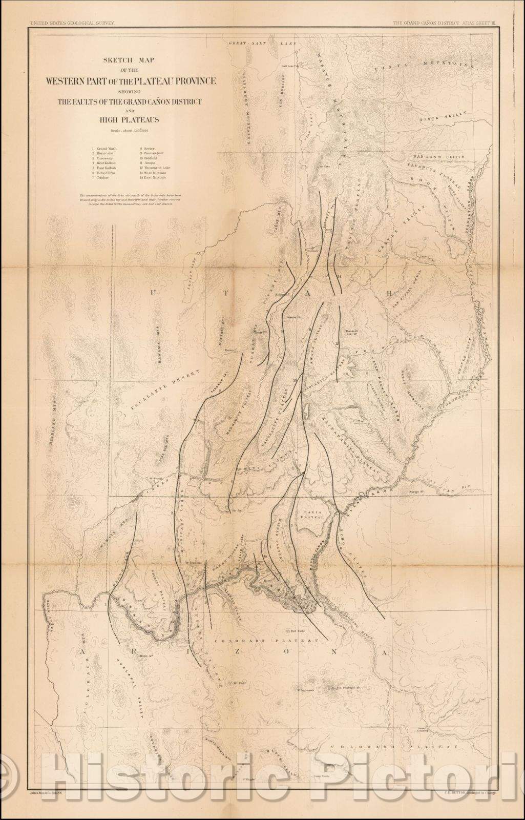 Historic Map - Sketch Map of the Western Part of the Plateau Province Showing the Faults of the Grand Ca?n District and High Plateaus, 1882, Clarence E. Dutton v1