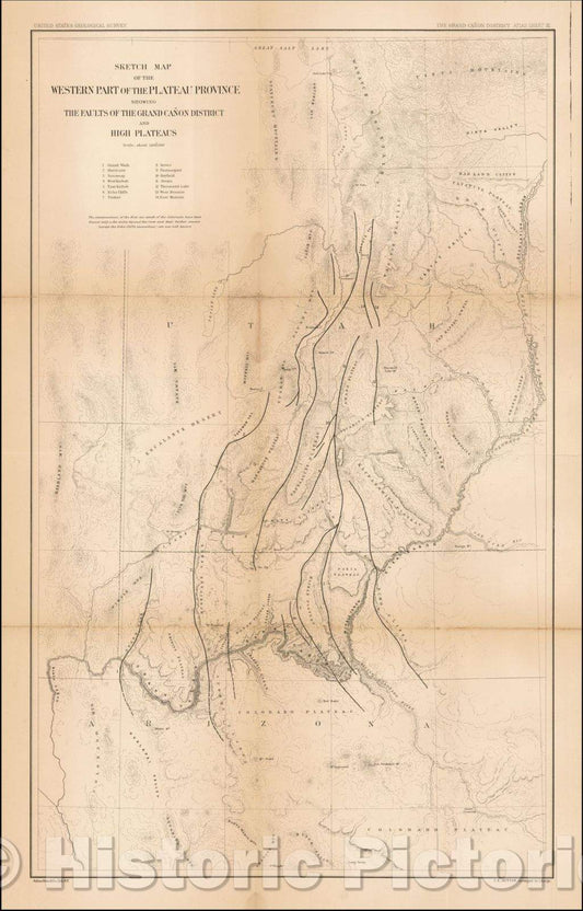 Historic Map - Sketch Map of the Western Part of the Plateau Province Showing the Faults of the Grand Ca?n District and High Plateaus, 1882, Clarence E. Dutton v1