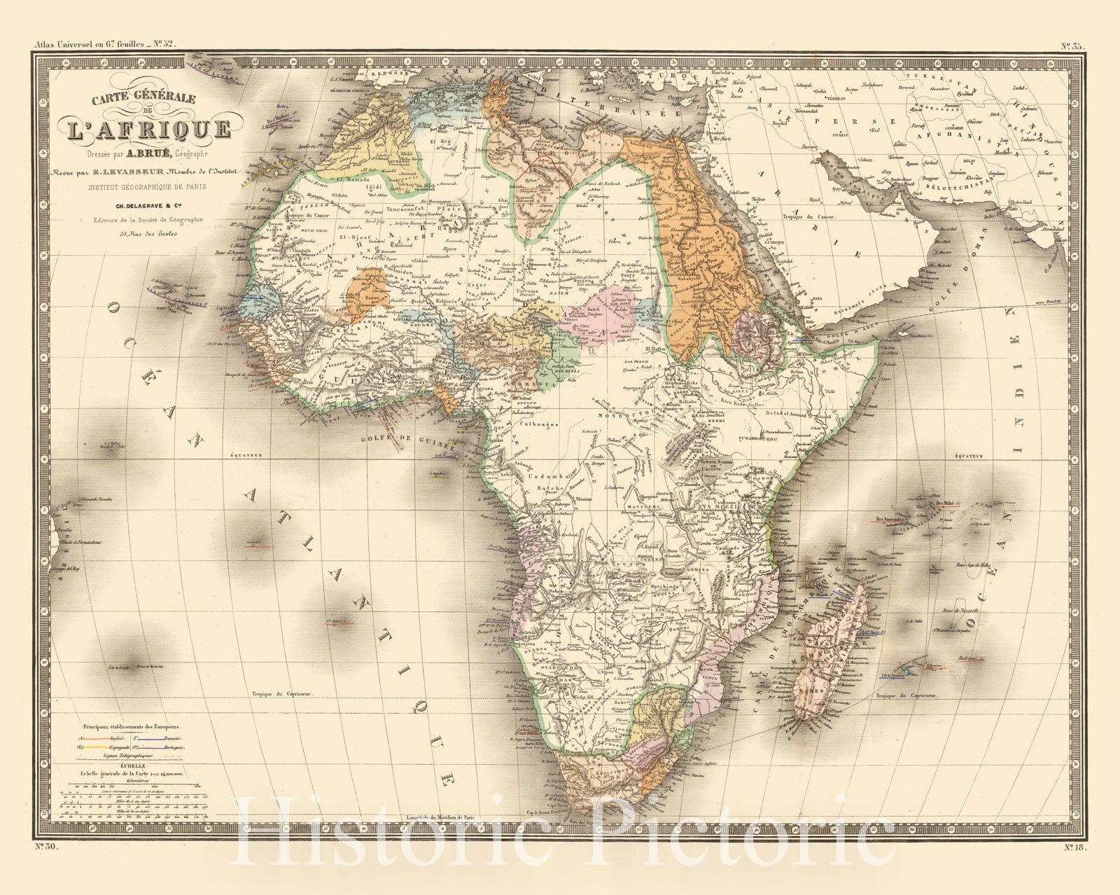 Historic Map - Carte Generale de L'Afrique Dressee par A. Brue, Geographe/Map of Africa, colored by Colonies, 1860, Adrien-Hubert Bru?- Vintage Wall Art