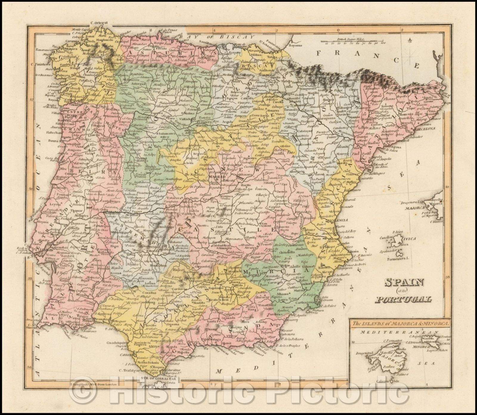 Historic Map - Spain and Portugal (inset of Majorca and Minorca), 1823, Fielding Lucas Jr. v1