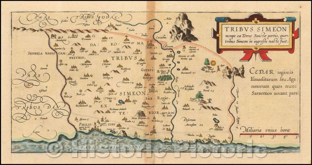 Historic Map - Tribus Simeon nempe ea Terra Sancta portio :: Simeon, showing towns, mountains, rivers, small vignette scenes, 1590, Christian van Adrichom - Vintage Wall Art