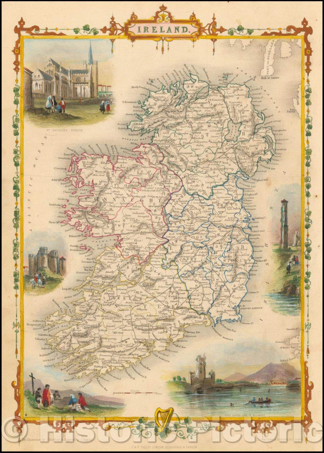 Historic Map - Ireland, 1851, John Tallis - Vintage Wall Art