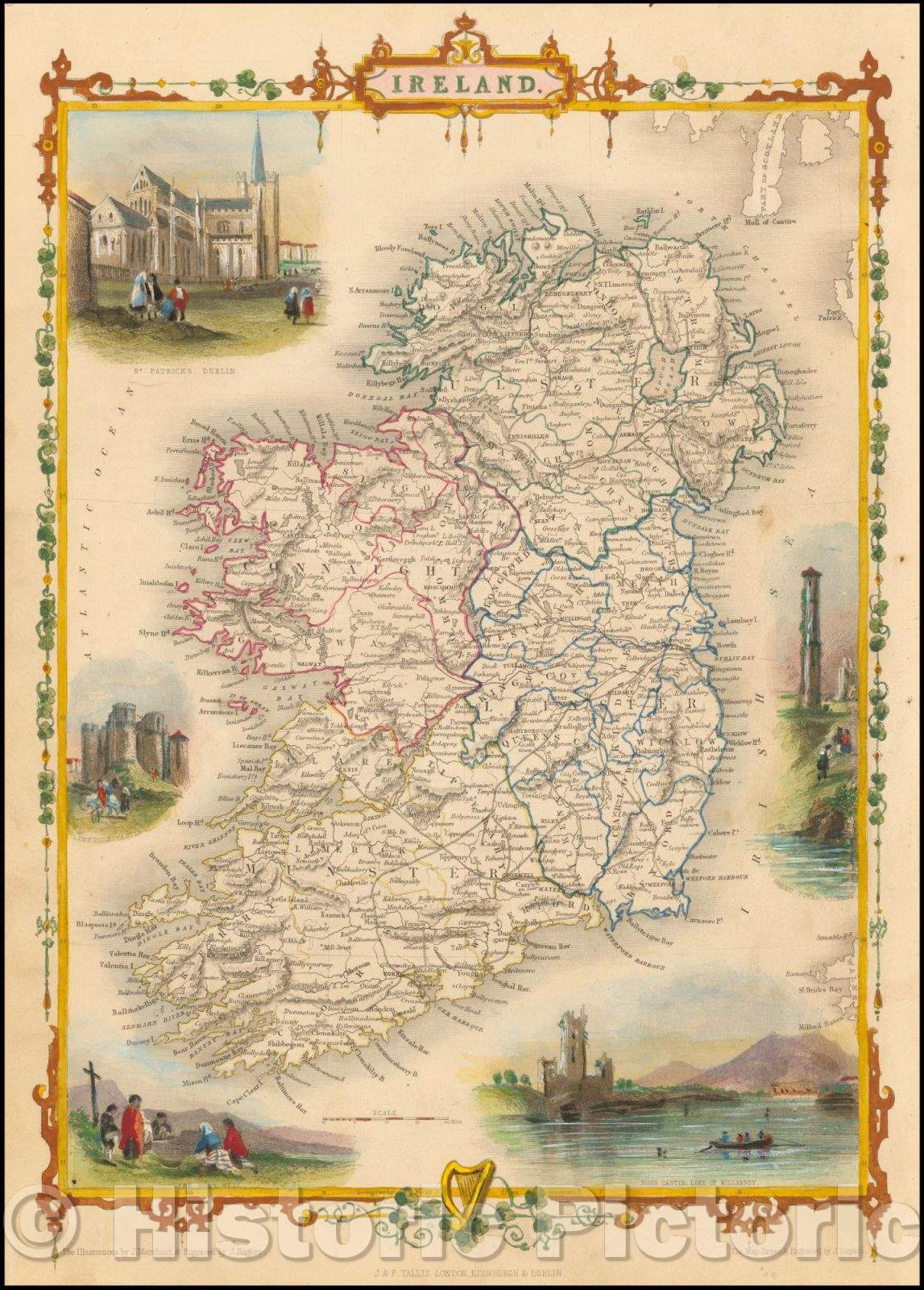 Historic Map - Ireland, 1851, John Tallis - Vintage Wall Art