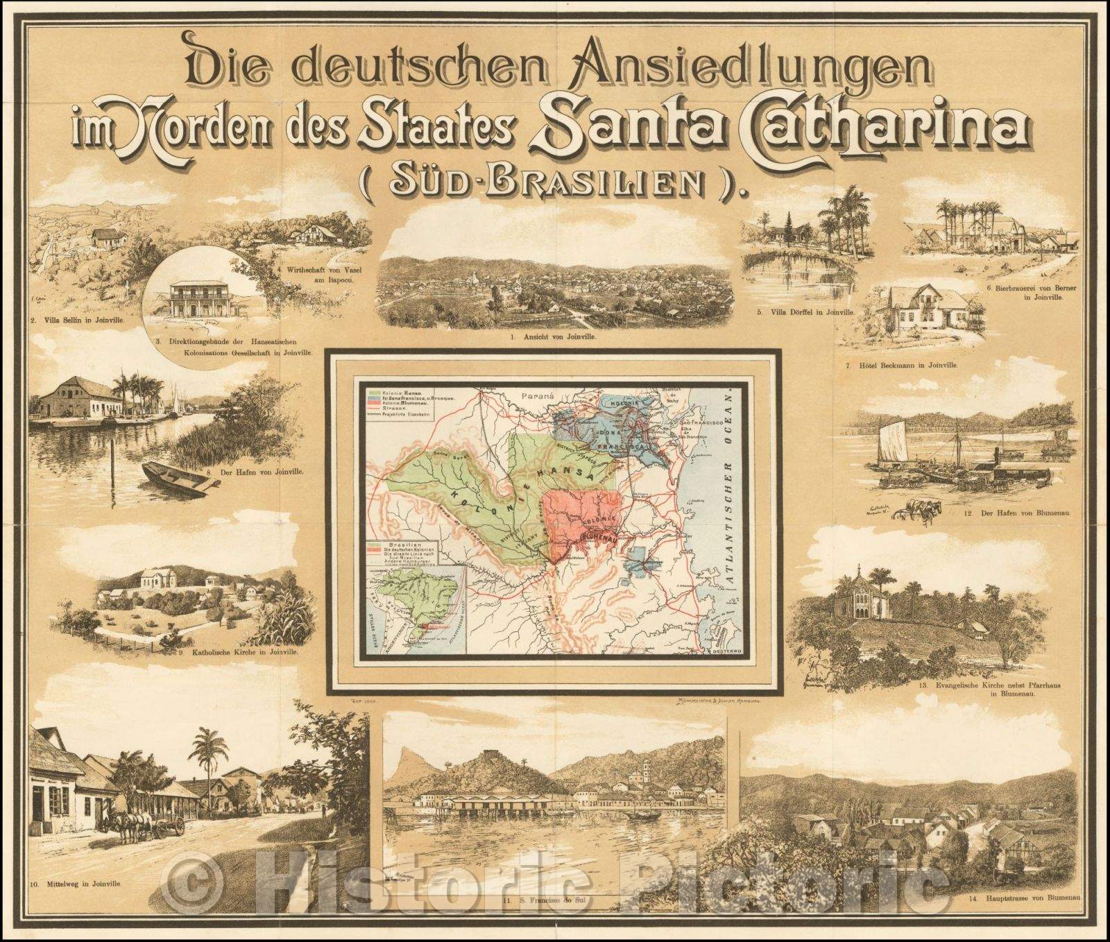 Historic Map - (Joinville Promotional Broadsheet) Die deutschen Ansiedlungen Norden des S :: Joinville, Kolonie Hansa, Kolonie Dona Francisca,Kolonie Blumeau, 1898 - Vintage Wall Art