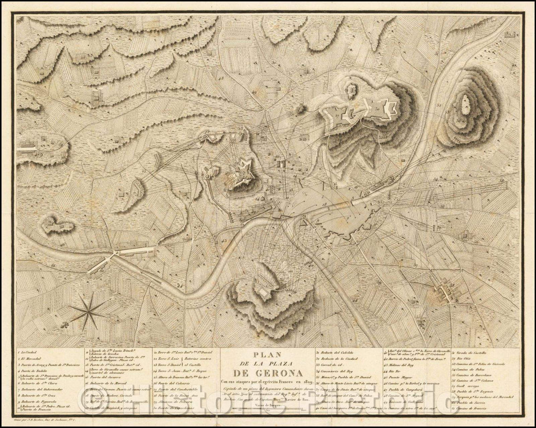 Historic Map - Plan de la Plaza de Gerona Con sus ataques por el egercito Frances en 1809 / Third Siege of Girona, 1809, Jean Baptiste Pierre Tardieu - Vintage Wall Art
