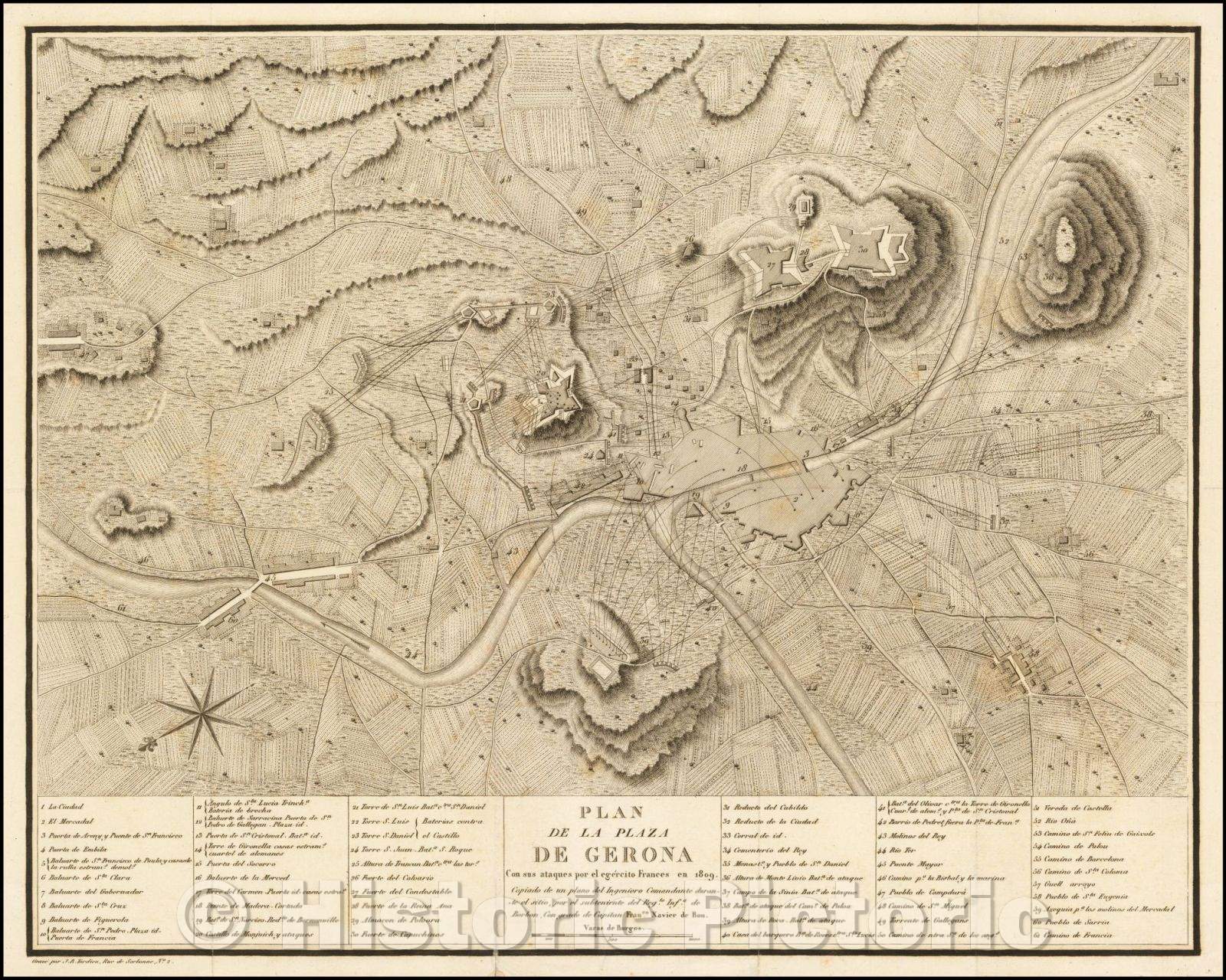Historic Map - Plan de la Plaza de Gerona Con sus ataques por el egercito Frances en 1809 / Third Siege of Girona, 1809, Jean Baptiste Pierre Tardieu - Vintage Wall Art
