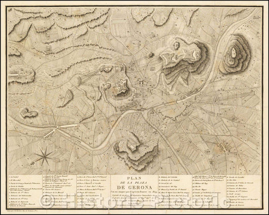 Historic Map - Plan de la Plaza de Gerona Con sus ataques por el egercito Frances en 1809 / Third Siege of Girona, 1809, Jean Baptiste Pierre Tardieu - Vintage Wall Art