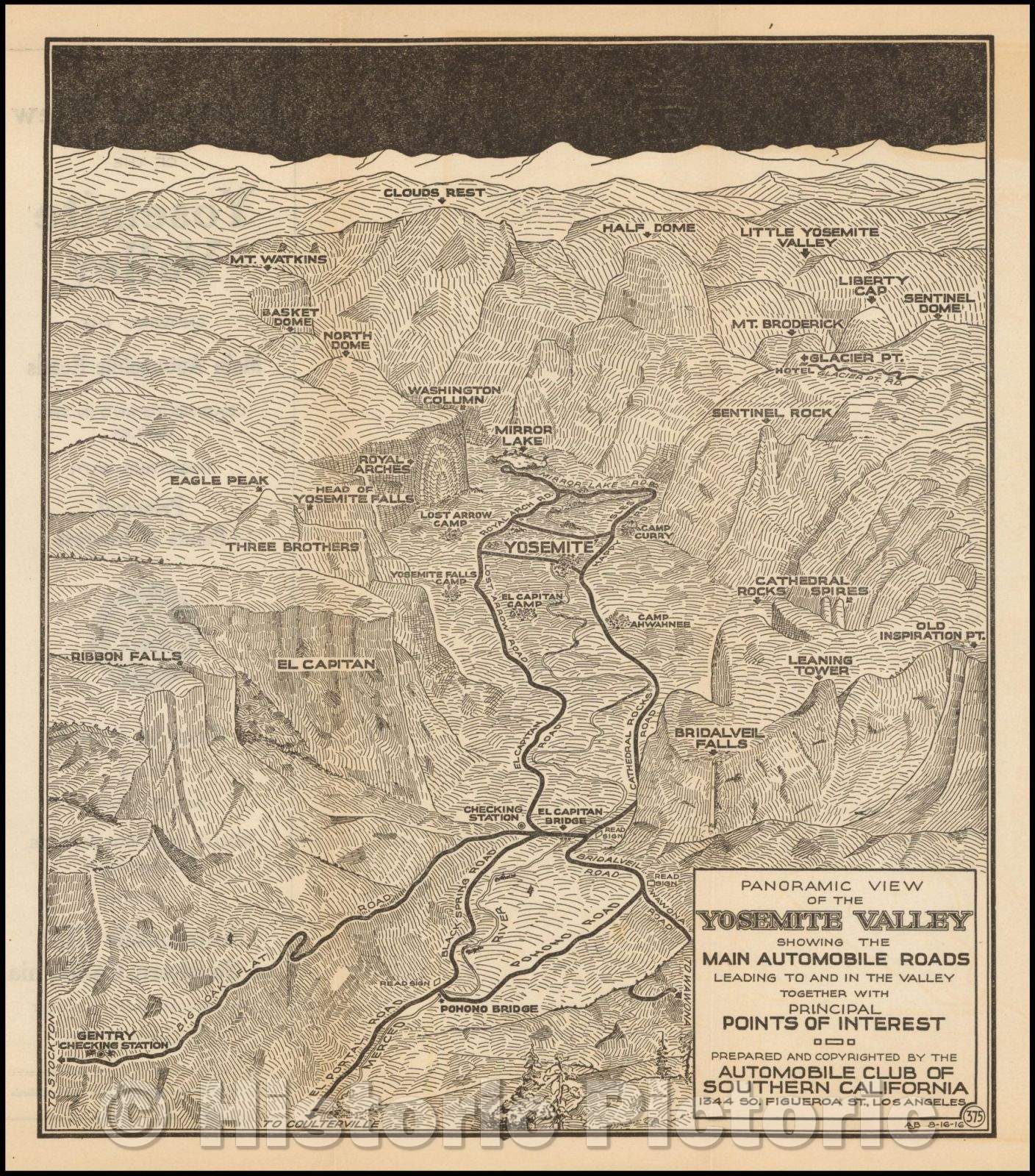 Historic Map - Panoramic View of the Yosemite Valley Showing the Main Automobile Roads Leading to and in the Valley Together, 1916 - Vintage Wall Art