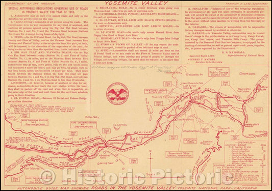 Historic Map - Automobile Guide Map Showing Roads in the Yosemite Valley, 1916, United States Department of the Interior - Vintage Wall Art