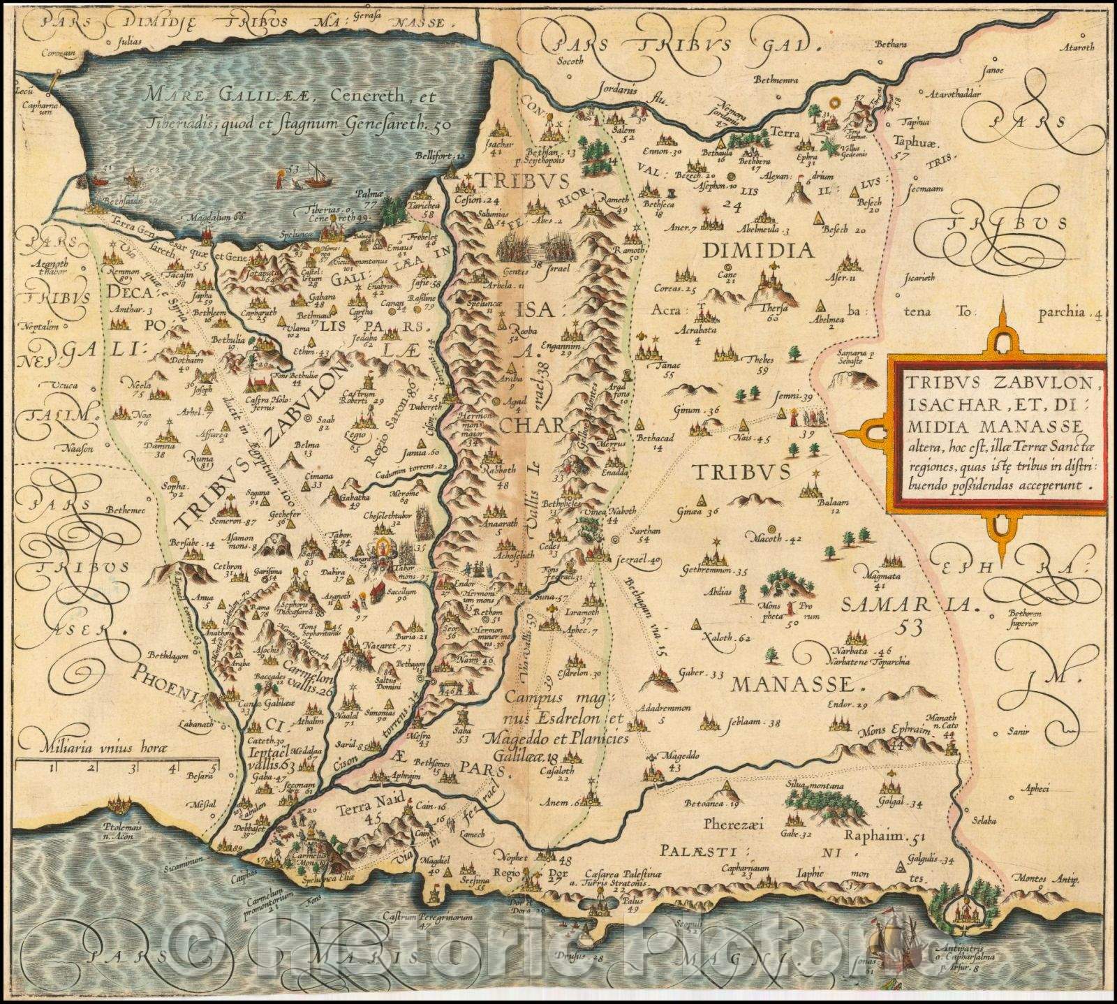 Historic Map - Tribus Zabulon, Isachar, et, di Midia, Manasse altera, hoc est illae/Map of Tribe of Zabulun, Issachar and Manasseh in the Holy Land, 1590 - Vintage Wall Art