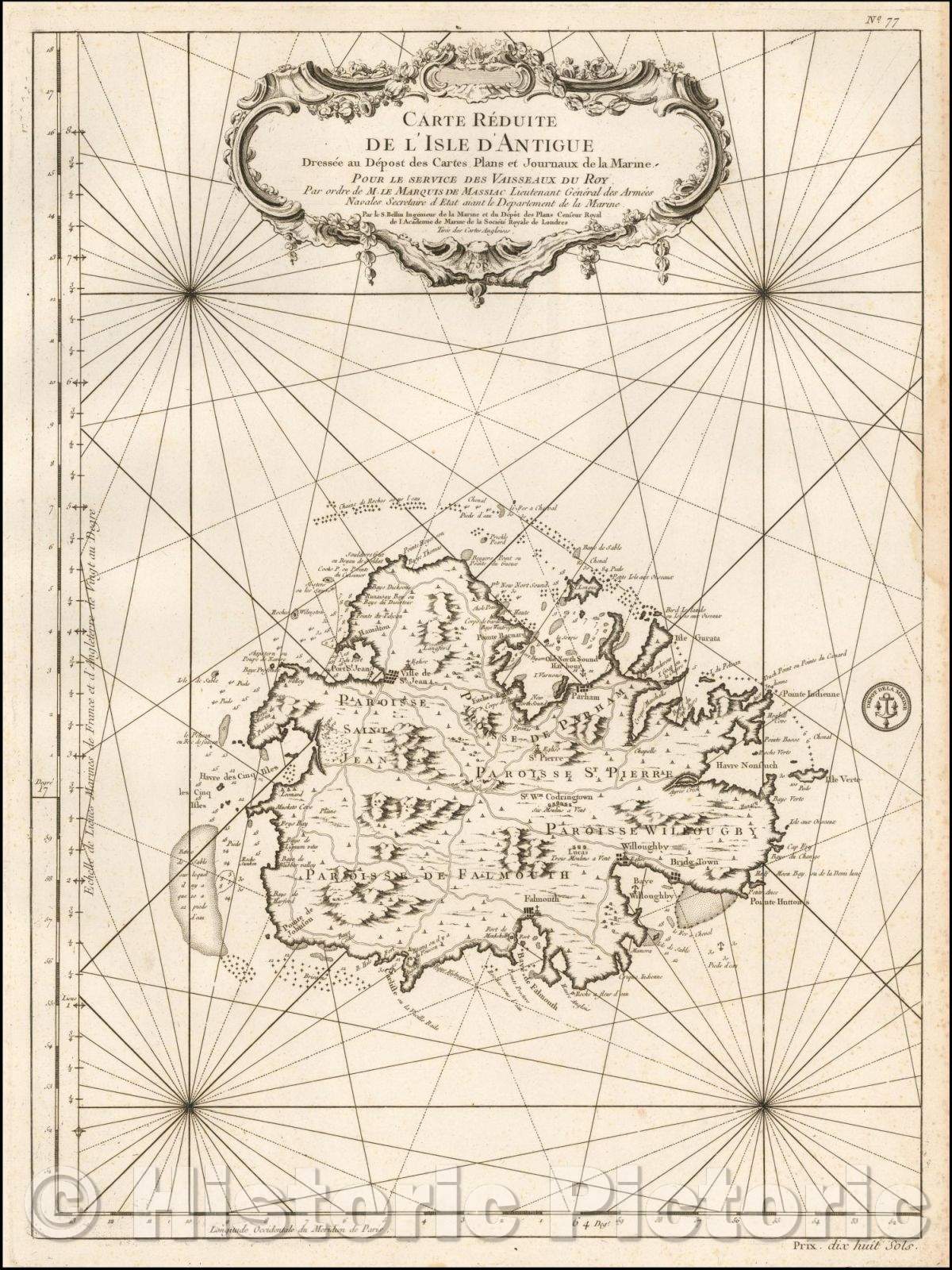 Historic Map - (Antigua) Carte Reduite De L'Isle D'Antigue Dressee au Depost des Cartes Plans et Journaux de la Marine/Sea Chart of Antigua, 1758 - Vintage Wall Art