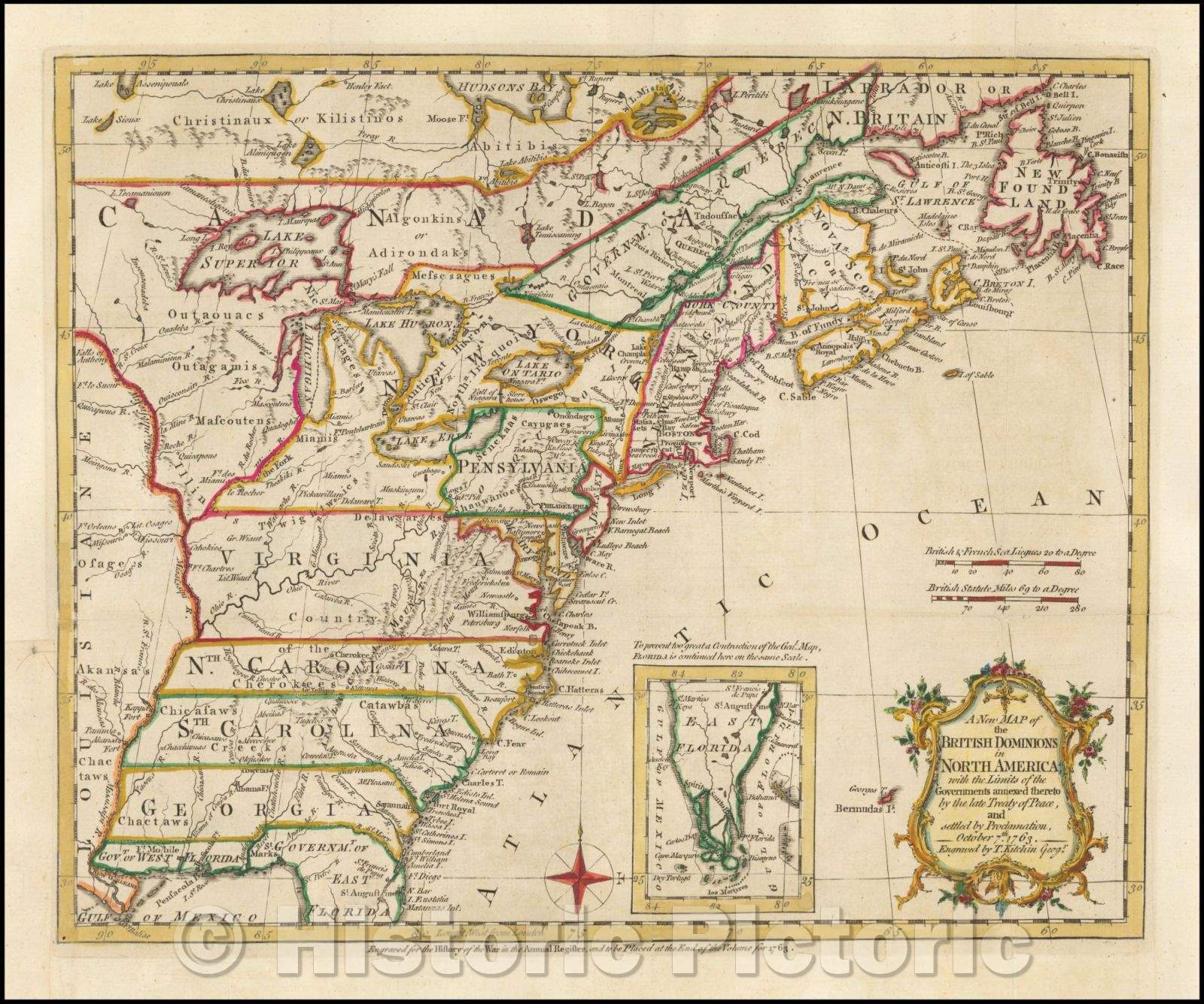 Historic Map - The British Dominions in North America; with the Limits of the Governments annexed thereto, 1763, Thomas Kitchin v1