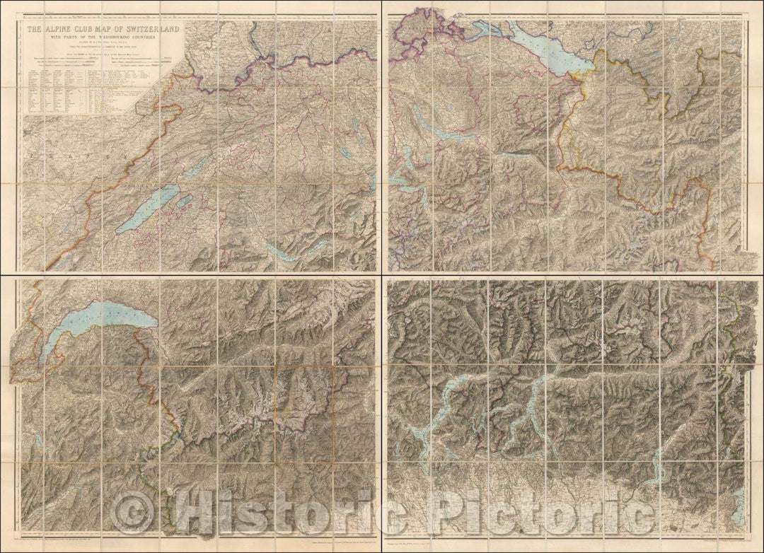 Historic Map - The Alpine Club Map of Switzerland with parts of Neighbouring Countries, 1874, Edward Stanford - Vintage Wall Art