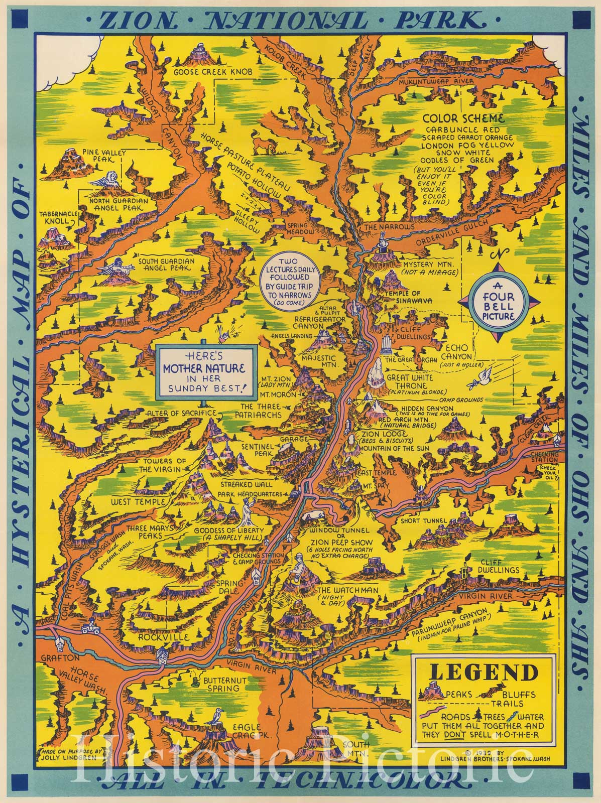 Historic Map - A Hysterical Map of Zion National Park Miles and Miles of Ohs and Ahs All in Technicolor, 1939, Lindgren Brothers - Vintage Wall Art