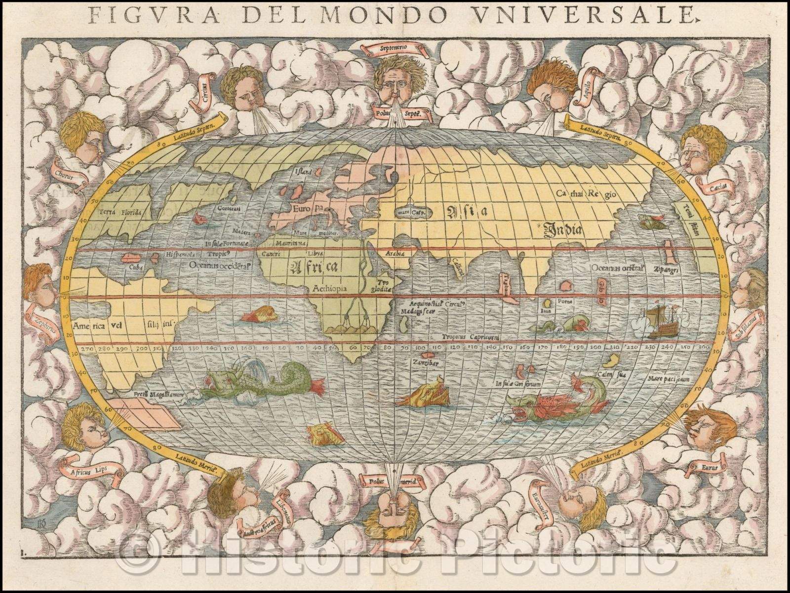 Historic Map - Figura Del Mondo Universale/Shape Universal World, 1552, Sebastian M?nster - Vintage Wall Art