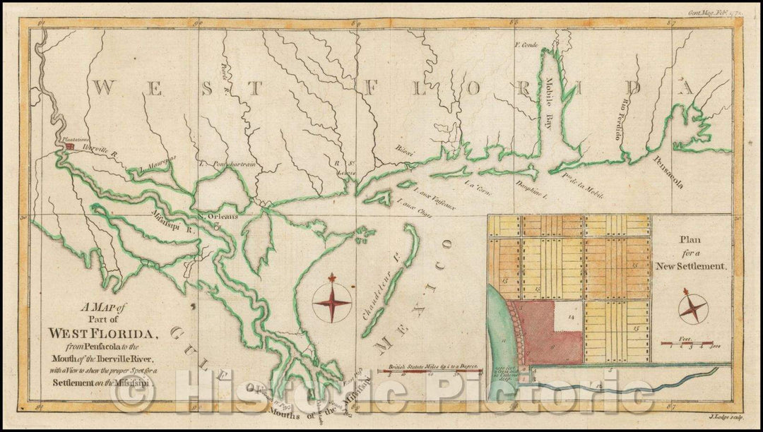 Historic Map - A Map of Part of West Florida from Pensacola to the Mouth of the Iberville River, 1772, Gentleman's Magazine - Vintage Wall Art