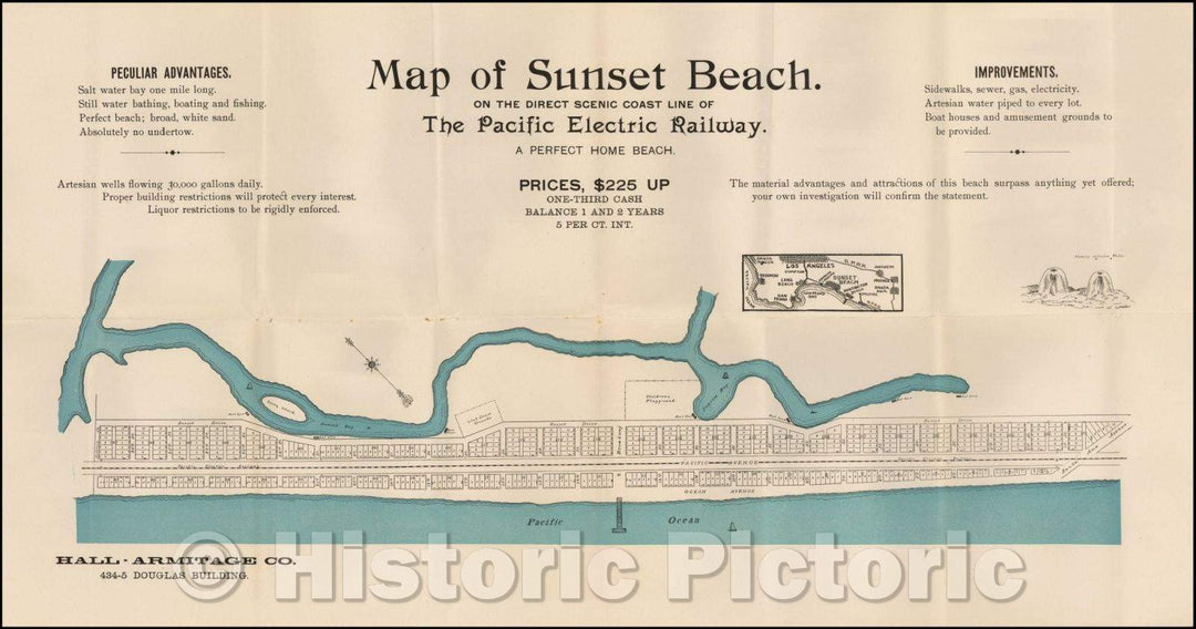 Historic Map - Map of Sunset Beach. On The Direct Scenic Coast Line of The Pacific Electric Railway. A Perfect Home Beach, 1904, - Vintage Wall Art